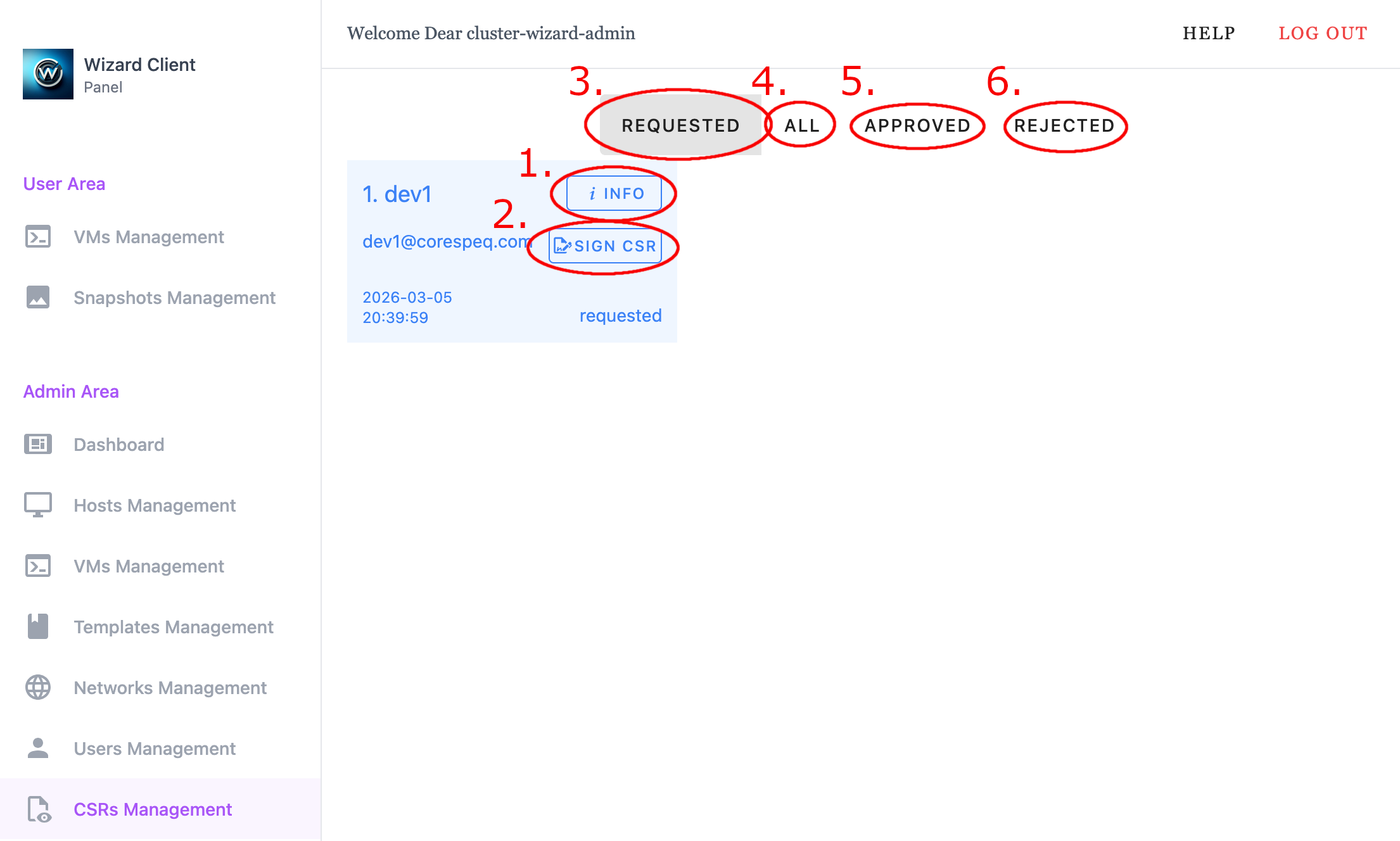 Wizard Client WebUI Admin CSRs Management