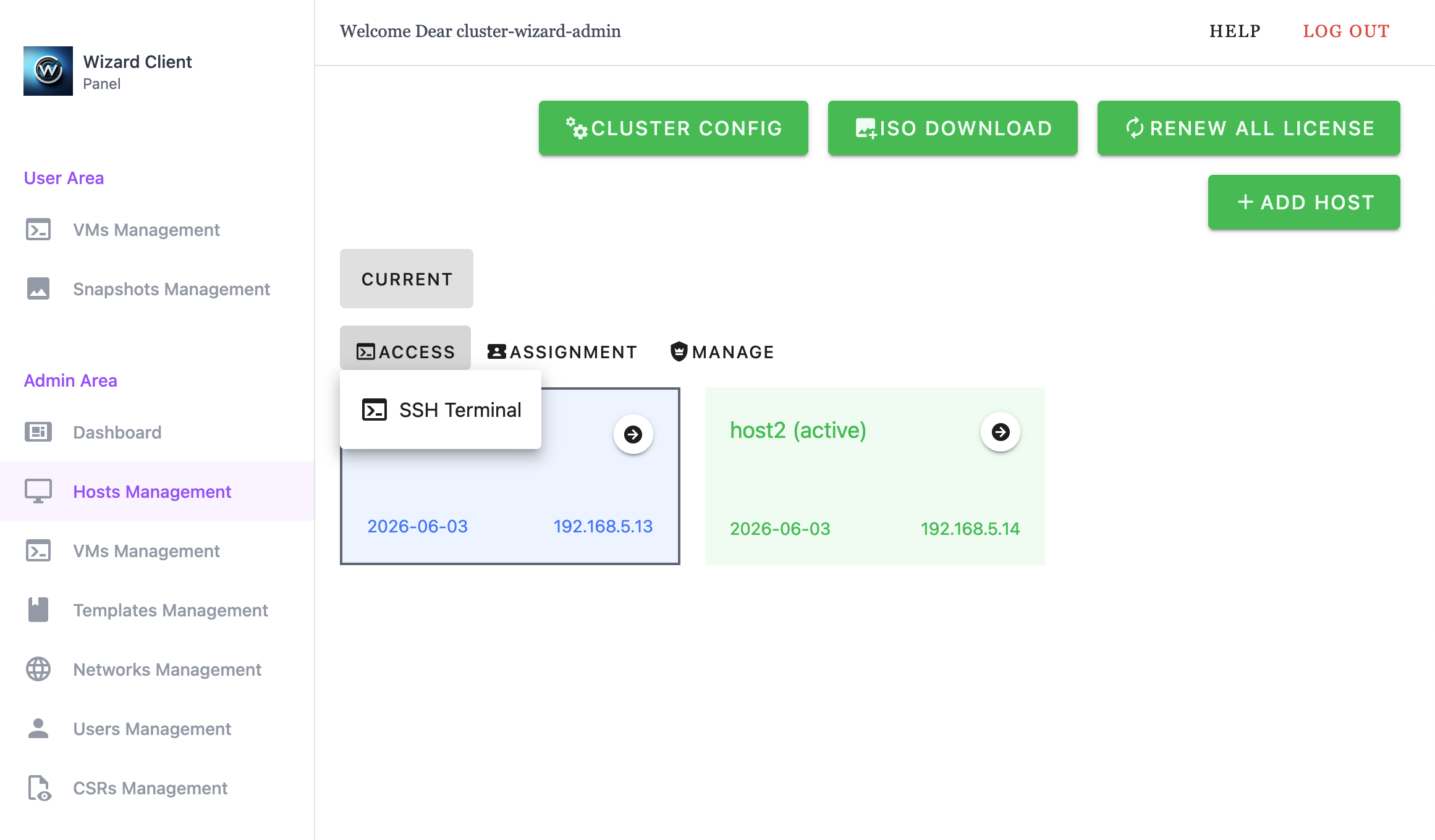 Wizard Client WebUI Admin Host Management access menu