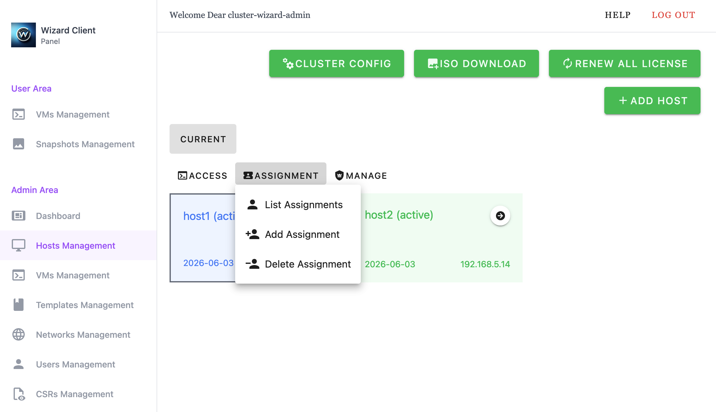 Wizard Client WebUI Admin Host Management assignment menu