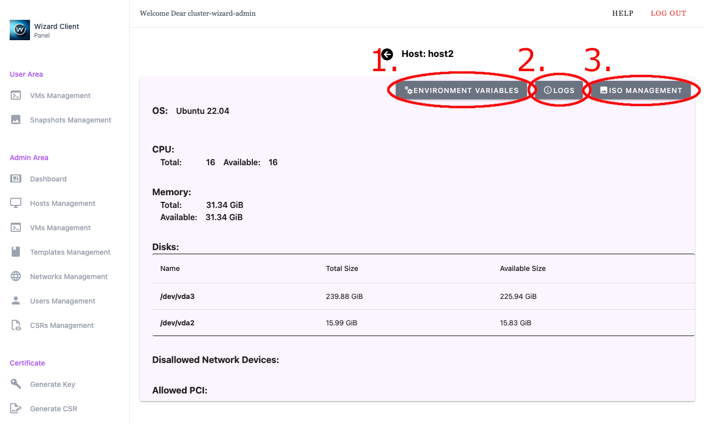 Wizard Client WebUI Admin Host Management Host Info
