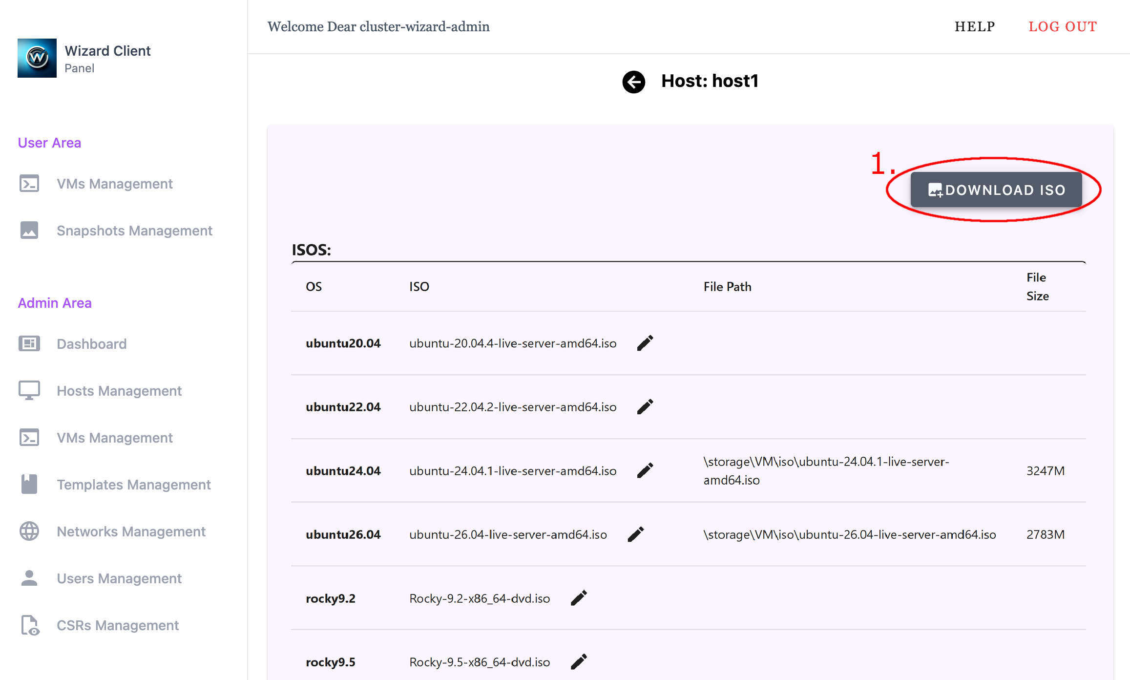 Wizard Client WebUI Admin Host Management Host ISO Management