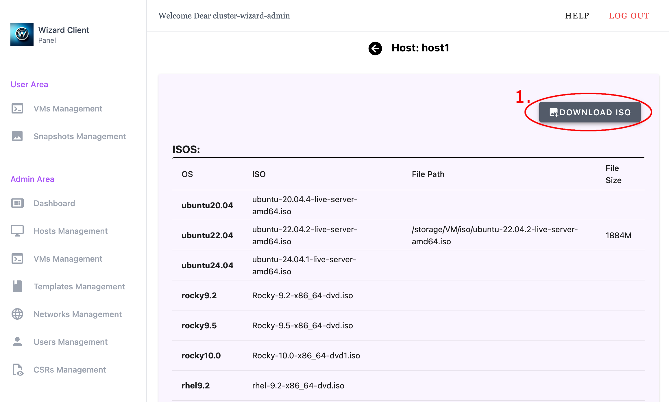 Wizard Client WebUI Admin Host Management Host ISO Management