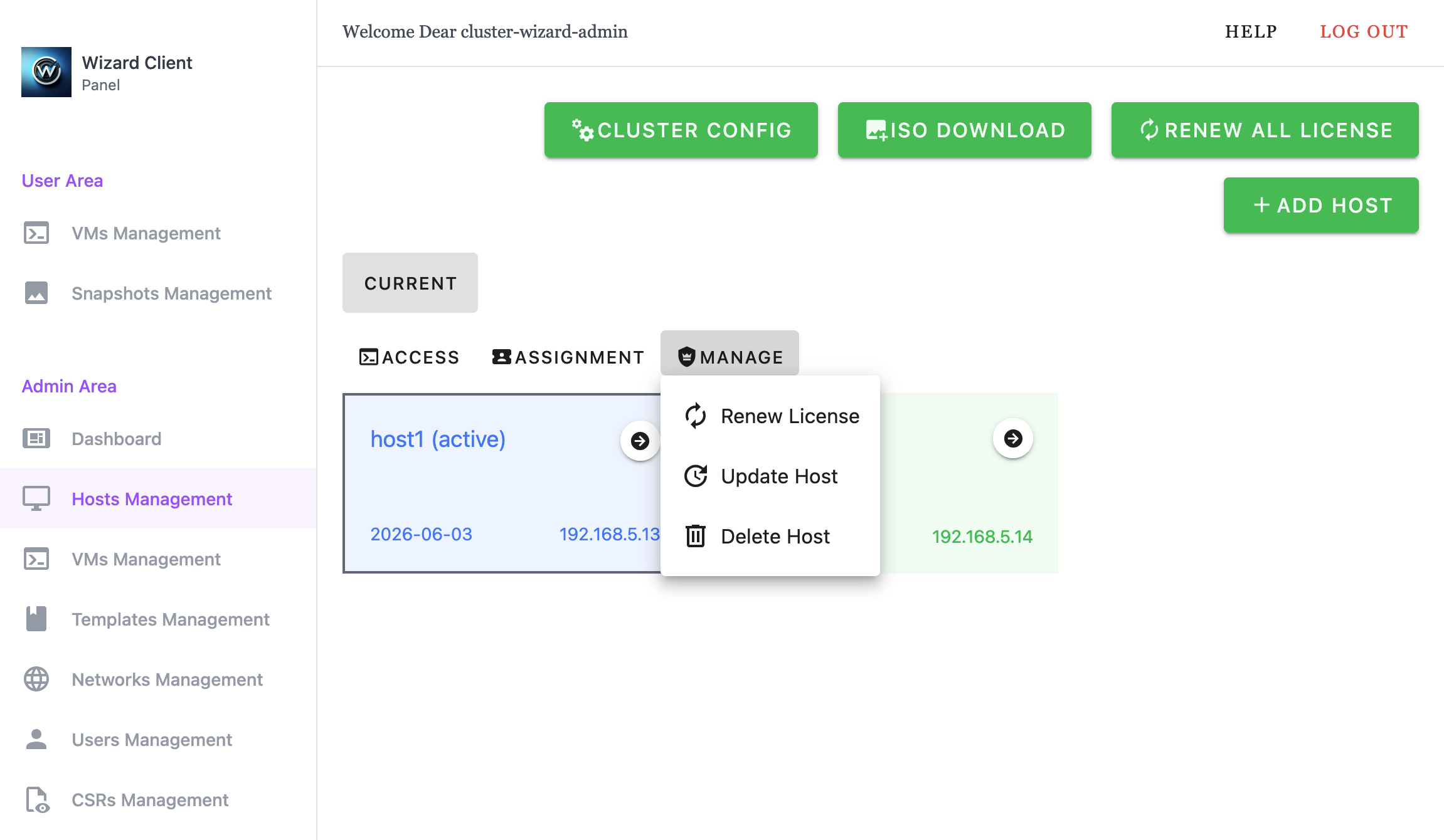 Wizard Client WebUI Admin Host Management manage menu