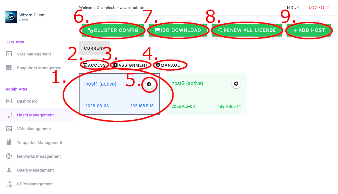 Wizard Client WebUI Admin Hosts Management