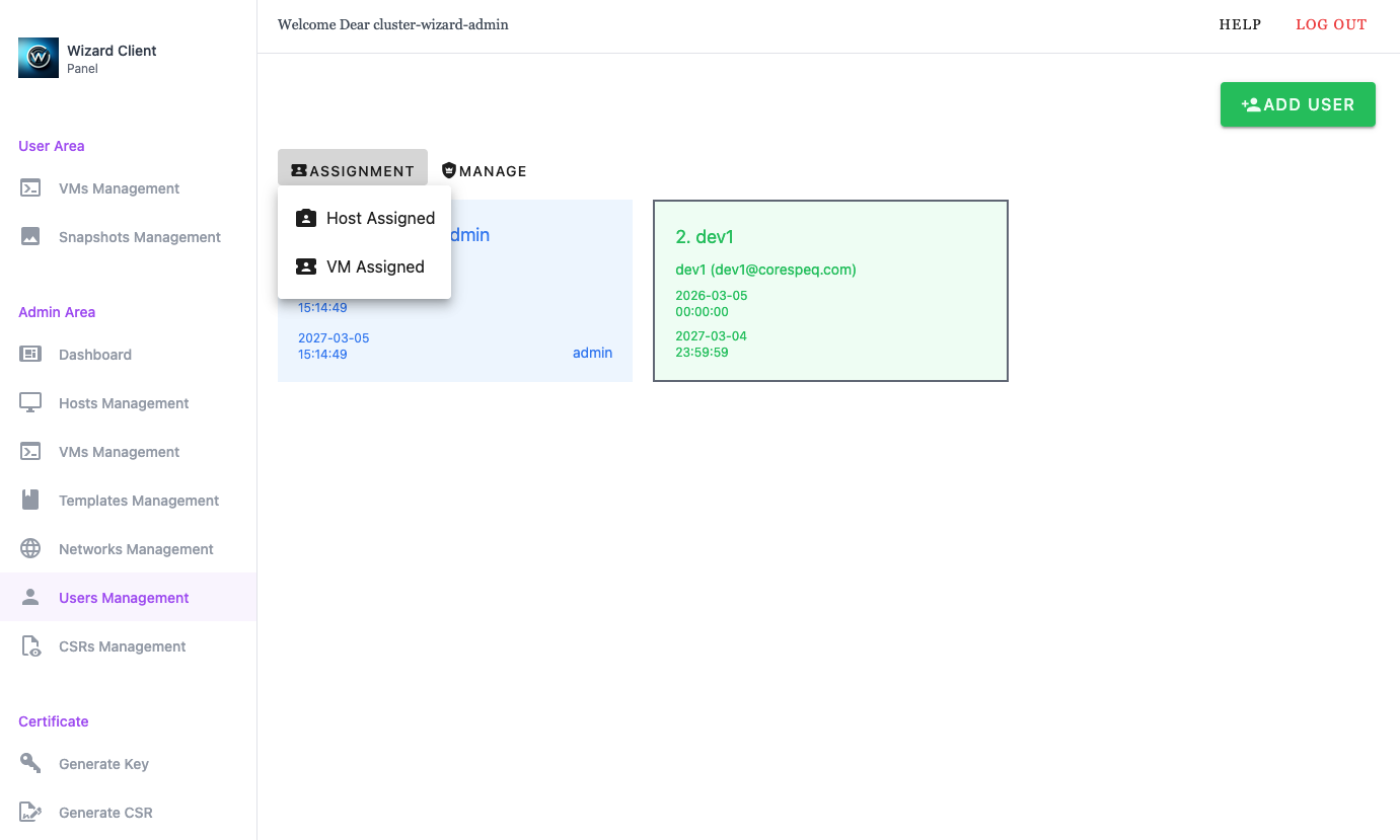 Wizard Client WebUI Users Management Assignment Menu