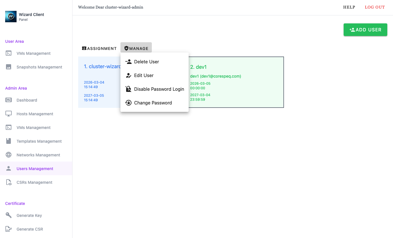 Wizard Client WebUI Users Management manage Menu