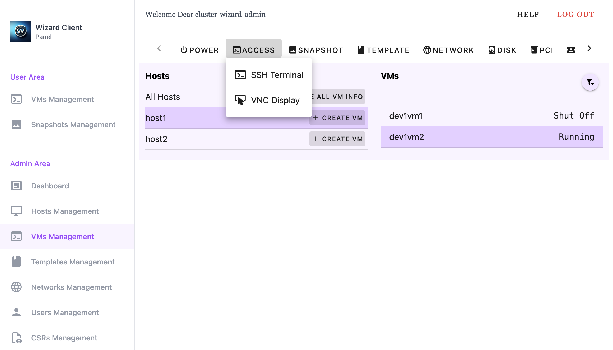 Wizard Client WebUI Admin VM Management Access Menu