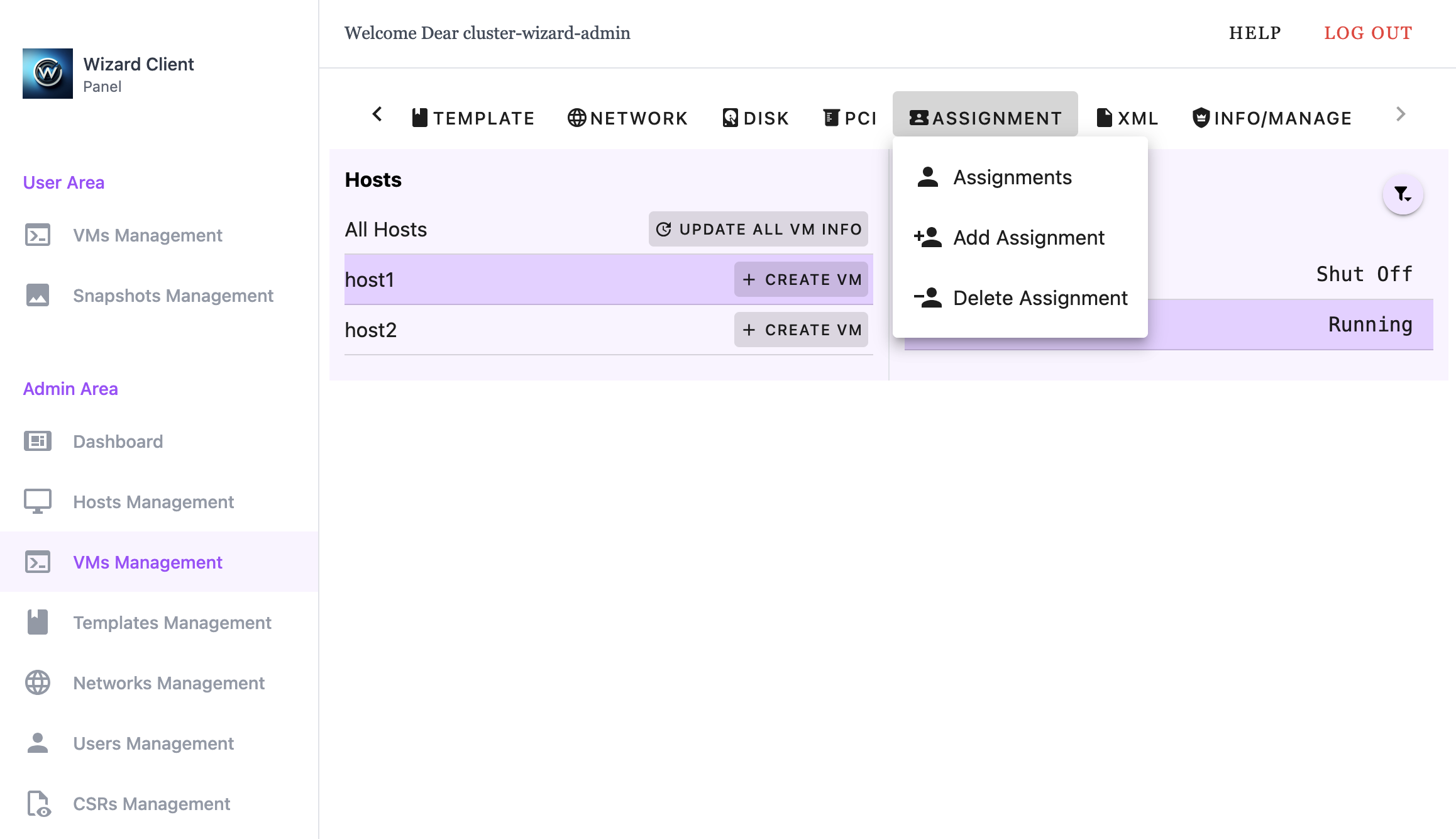 Wizard Client WebUI Admin VM Management ASSIGNMENT Menu