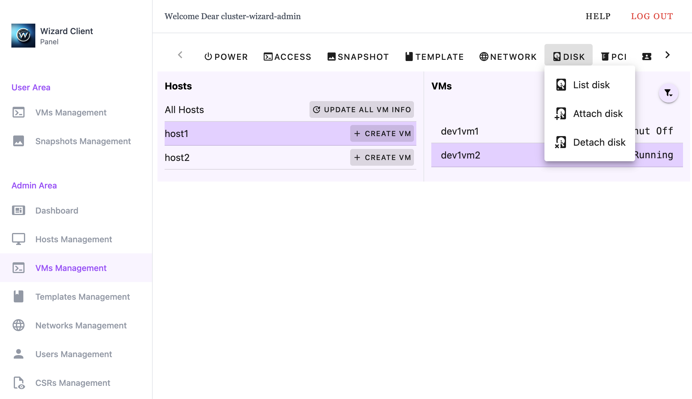 Wizard Client WebUI Admin VM Management Disk Menu