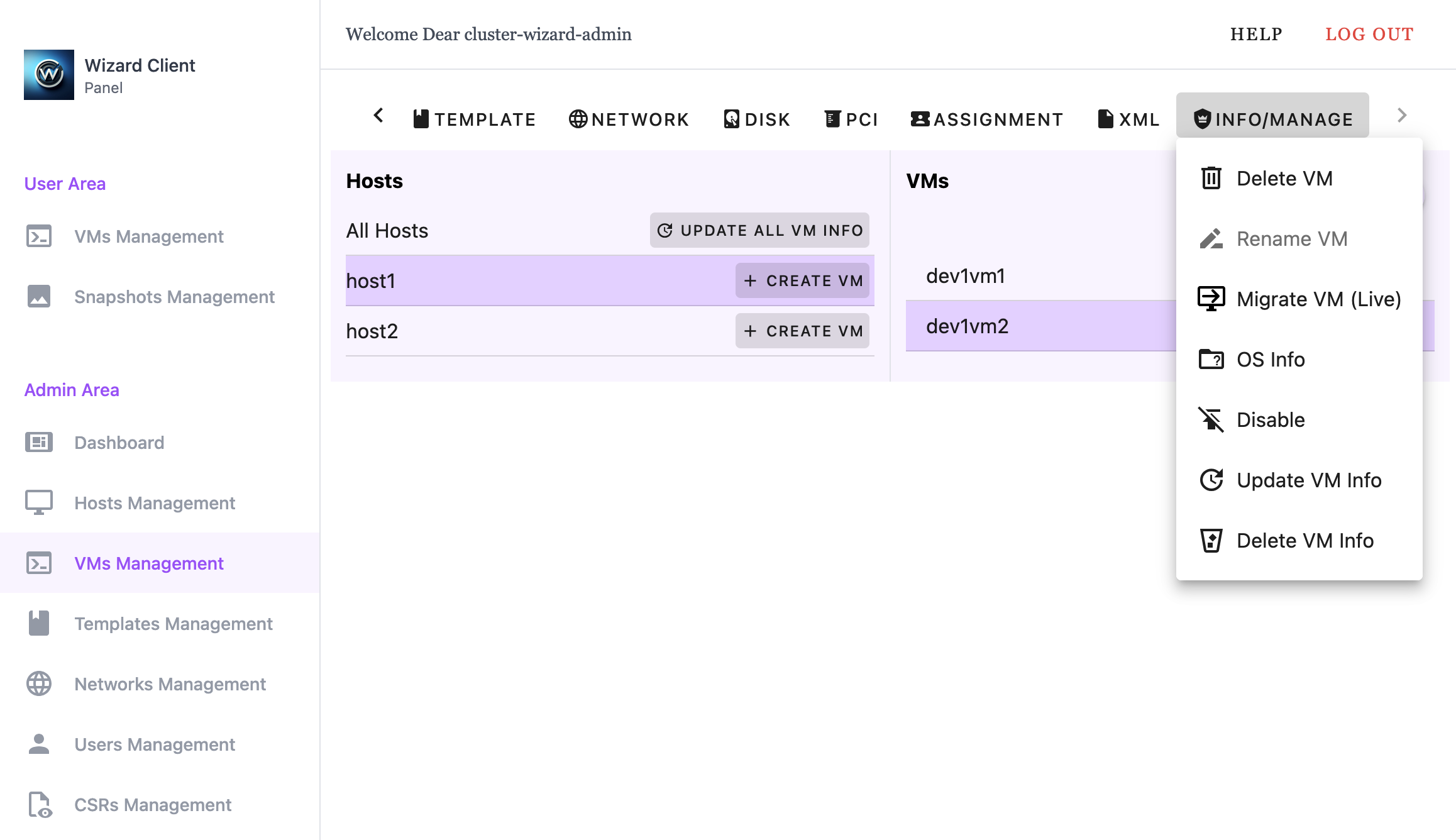 Wizard Client WebUI Admin VM Management Info/Manage Menu