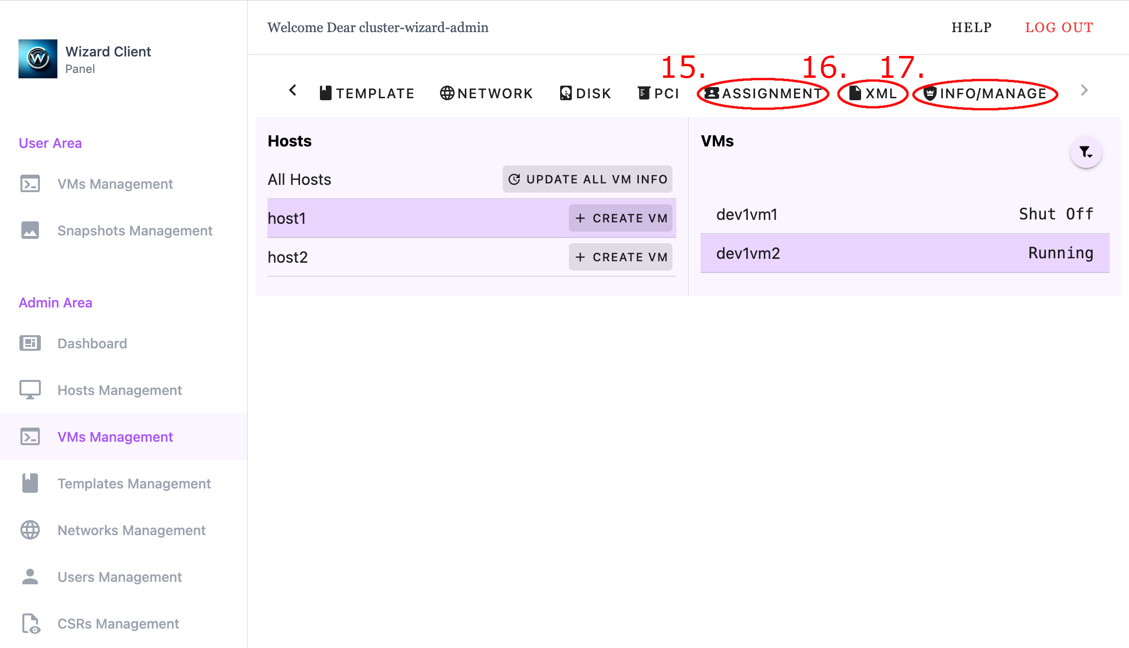 Wizard Client WebUI Admin VM Management