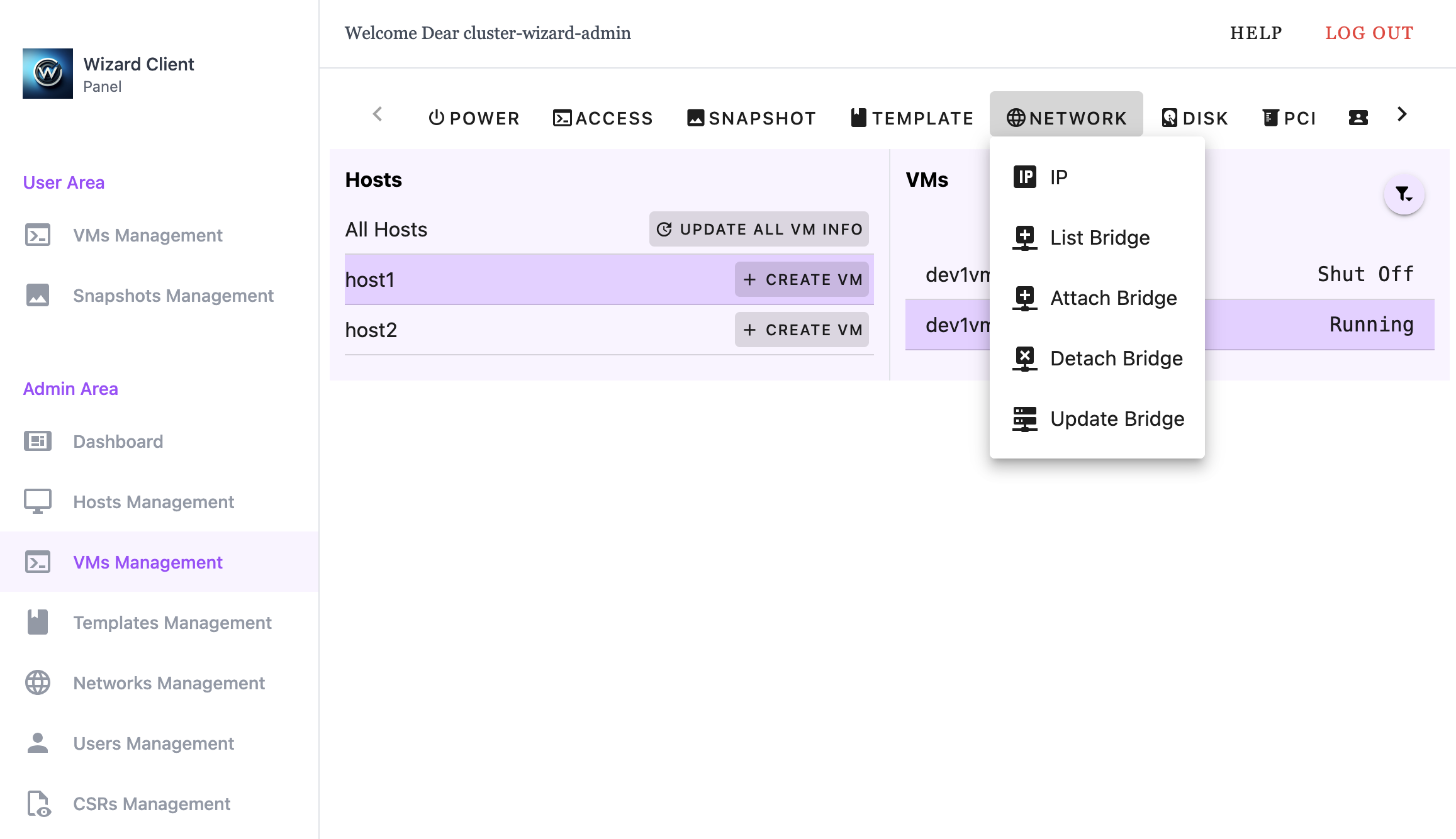 Wizard Client WebUI Admin VM Management Network Menu