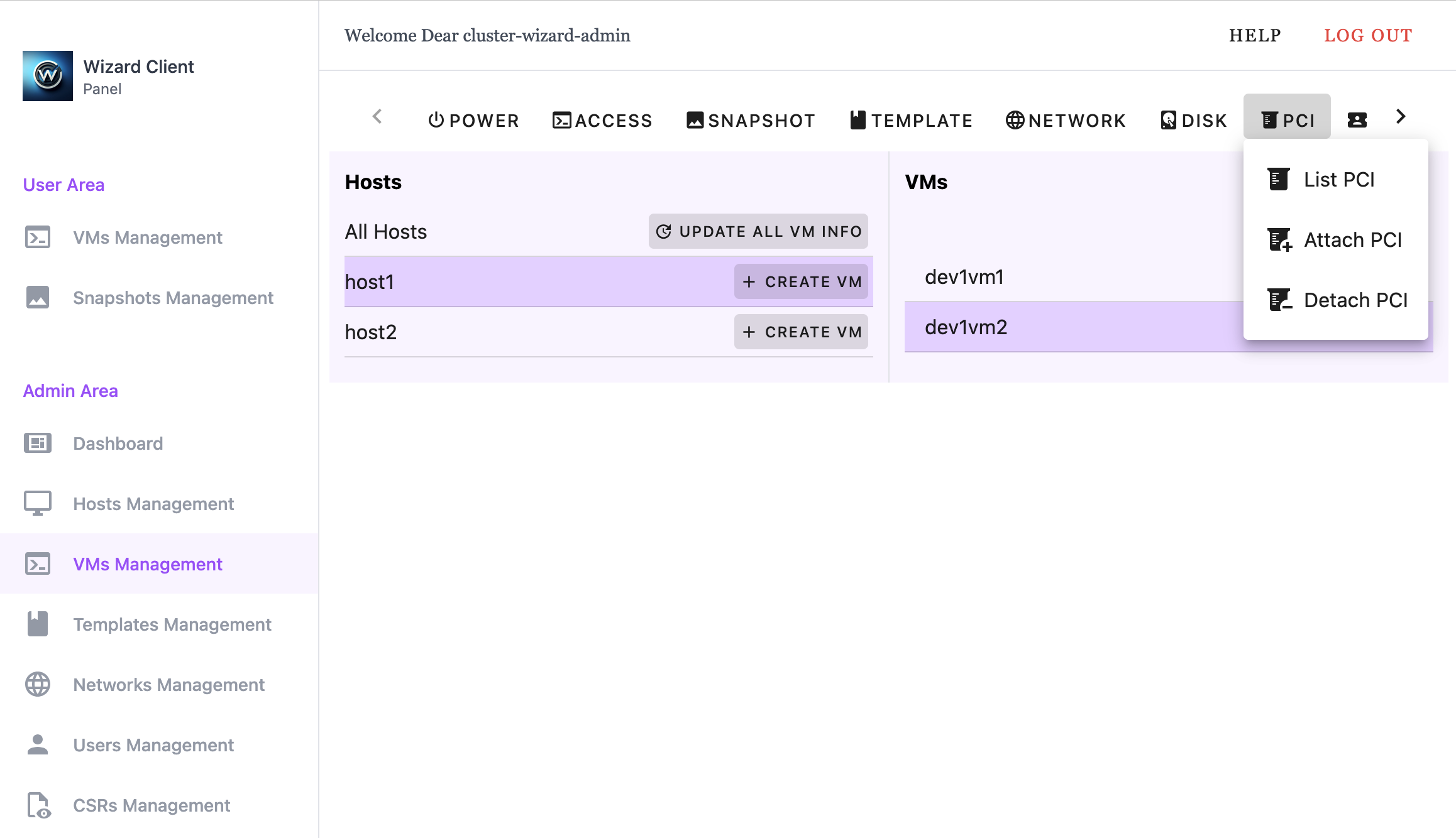 Wizard Client WebUI Admin VM Management PCI Menu