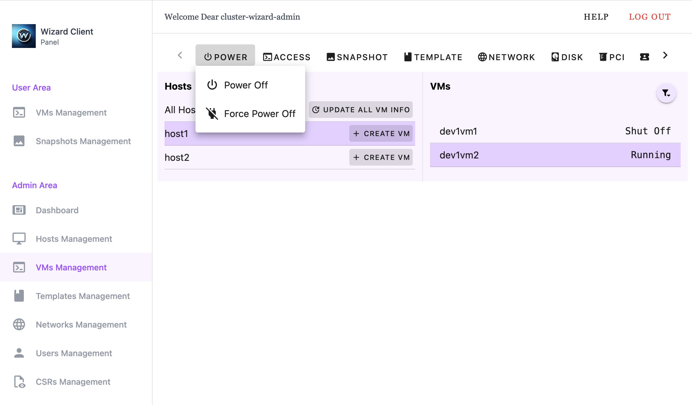 Wizard Client WebUI Admin VM Management Power Menu