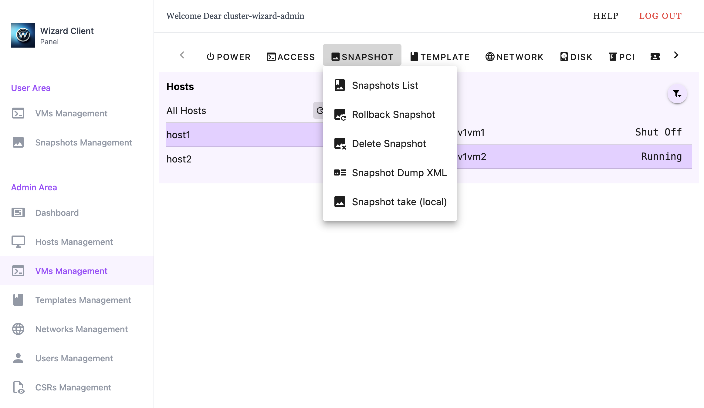 Wizard Client WebUI Admin VM Management Snapshot Menu