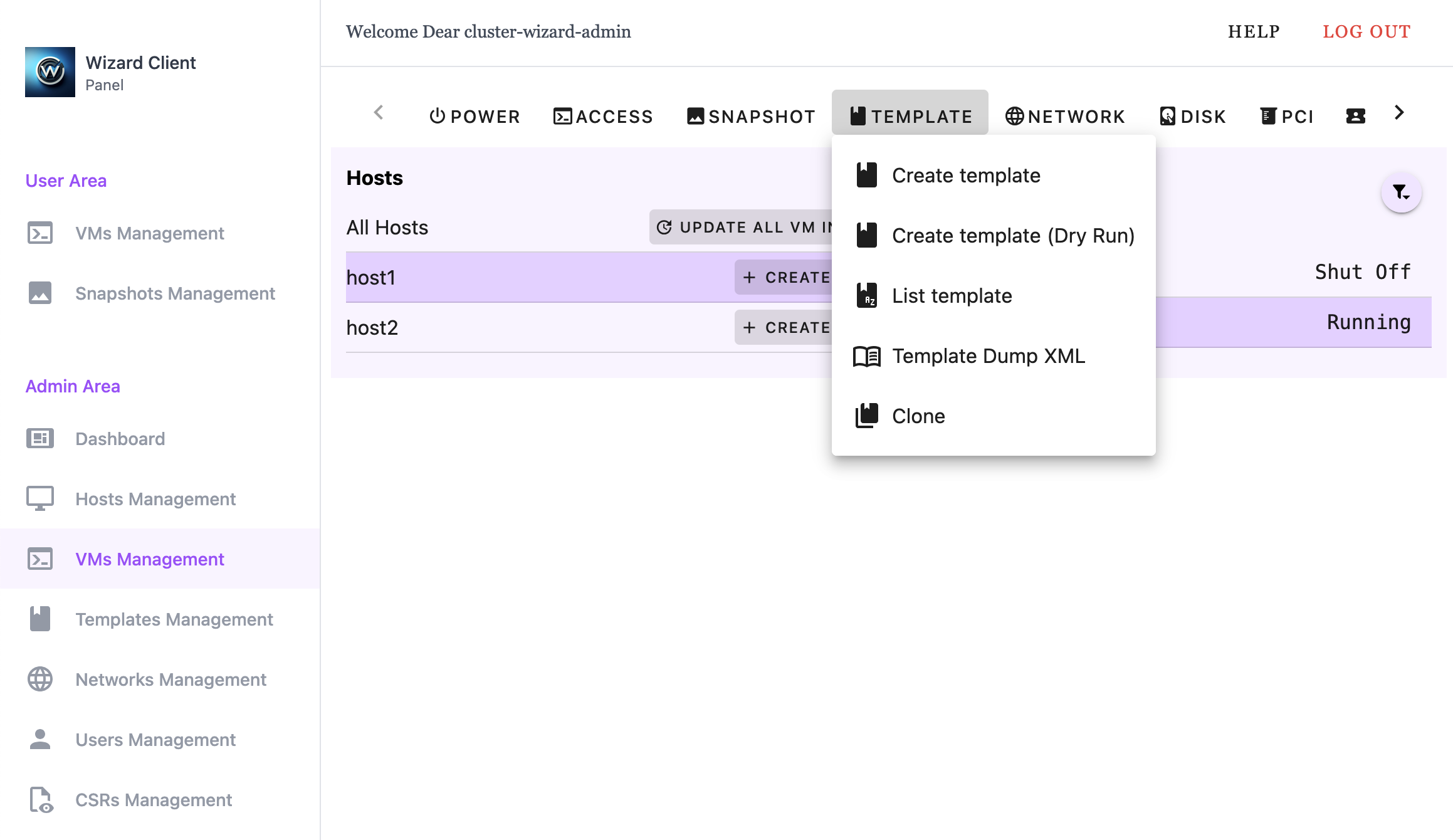 Wizard Client WebUI Admin VM Management Template Menu