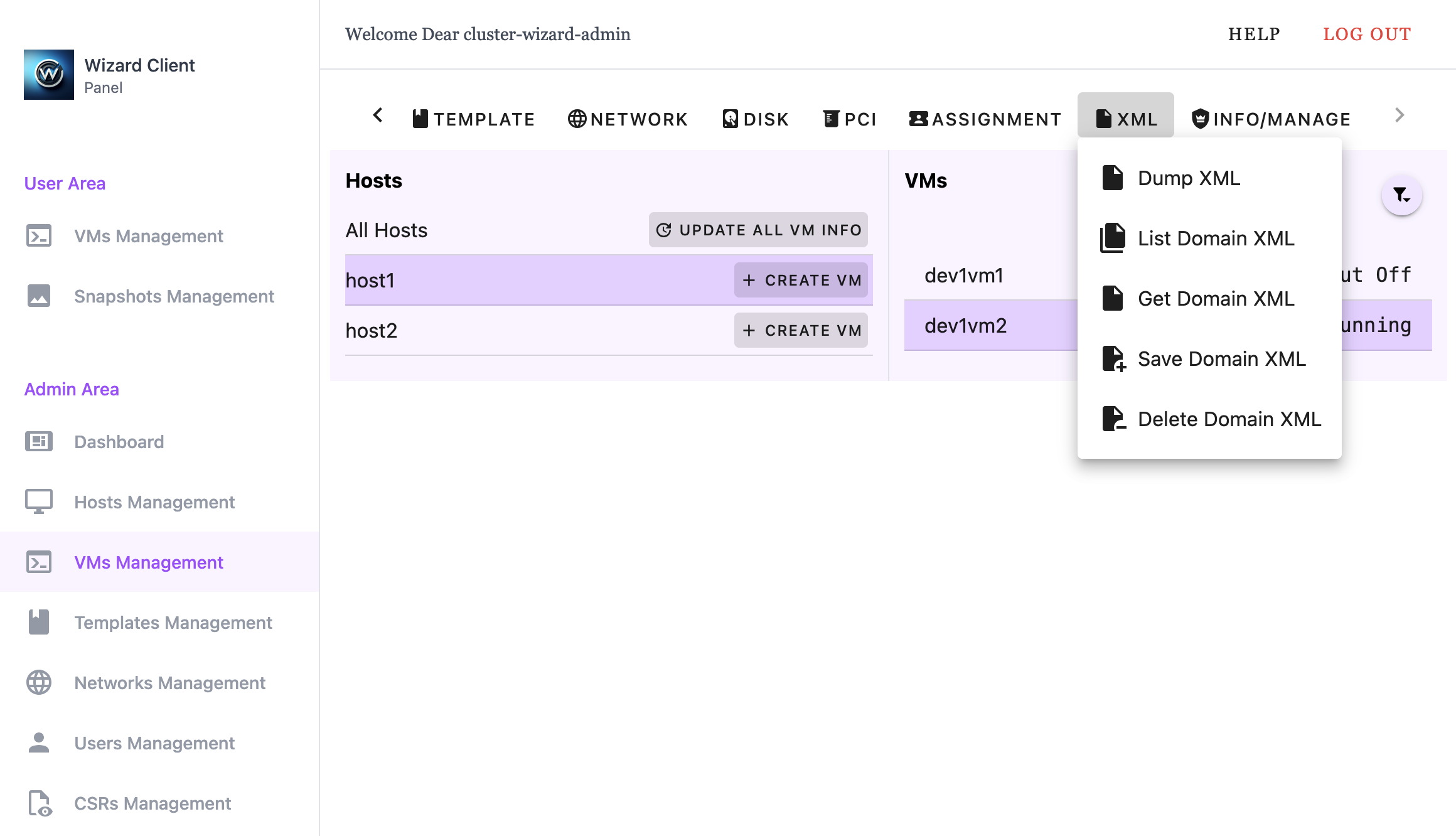 Wizard Client WebUI Admin VM Management XML Menu
