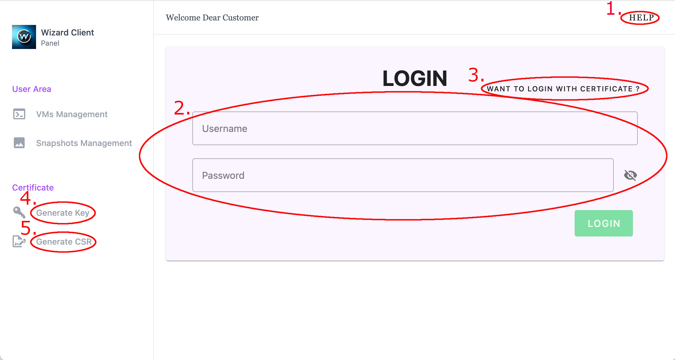 Wizard Client WebUI login page (username/password authentication)