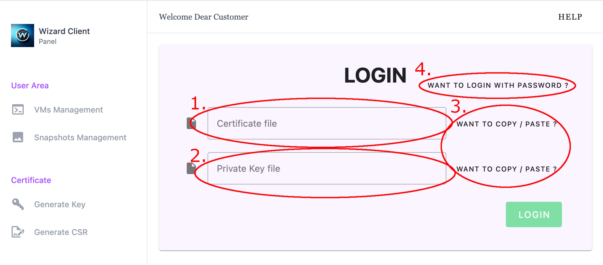 Wizard Client WebUI login page (certificate-based authentication)