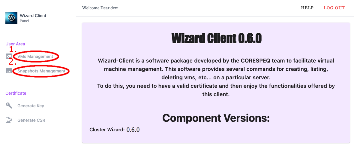 Wizard Client WebUI User Landing Page