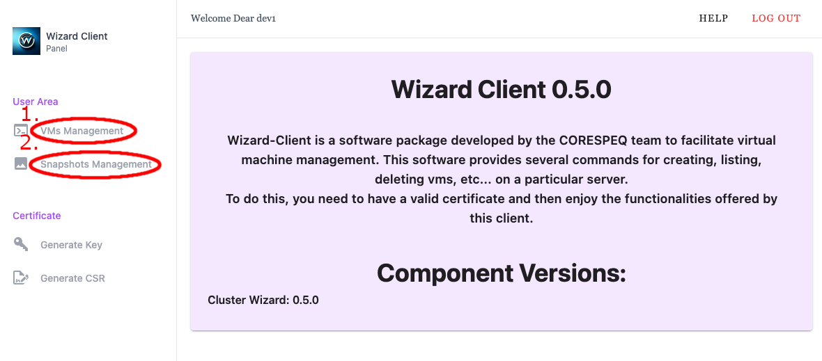 Wizard Client WebUI User Landing Page