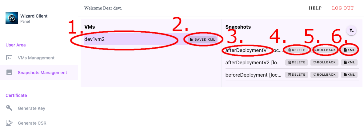 Wizard Client WebUI User Interface VMs Management Snapshots Management