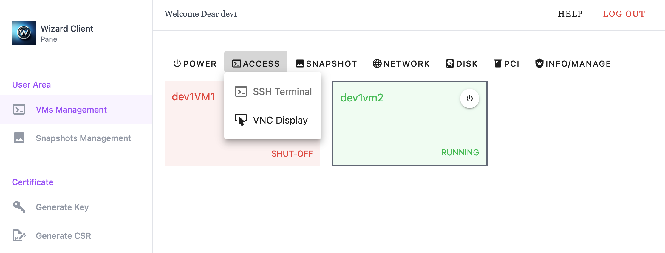 Wizard Client WebUI User Interface VMs Management access Menu