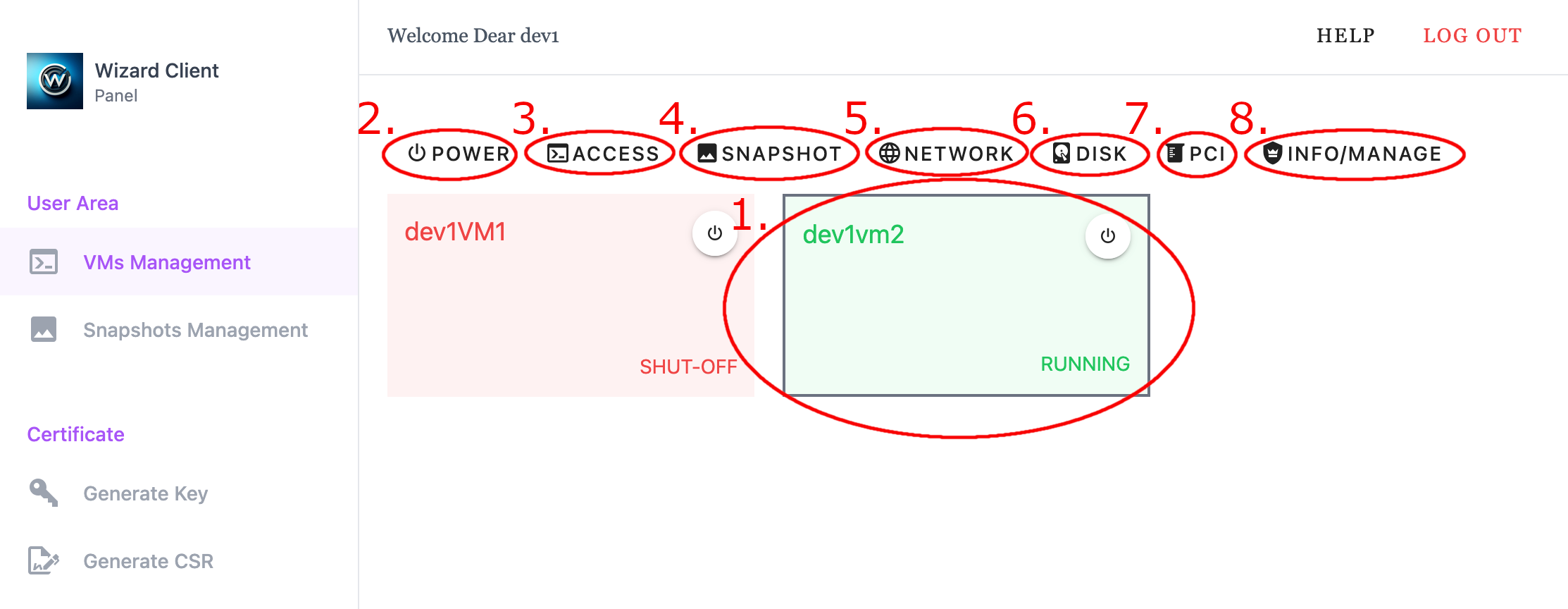 Wizard Client WebUI User VMs Management Page