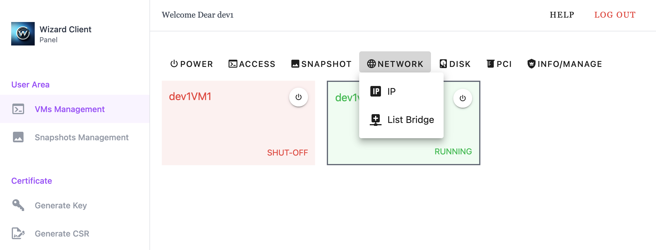 Wizard Client WebUI User Interface VMs Management Network Menu
