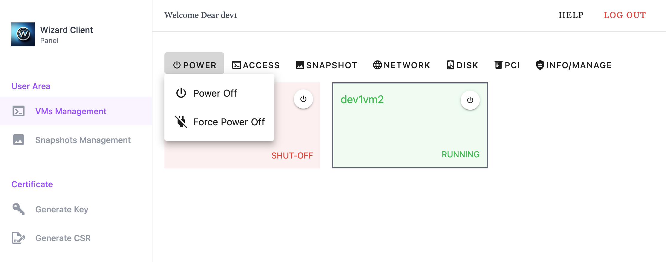 Wizard Client WebUI User Interface VMs Management Power Menu