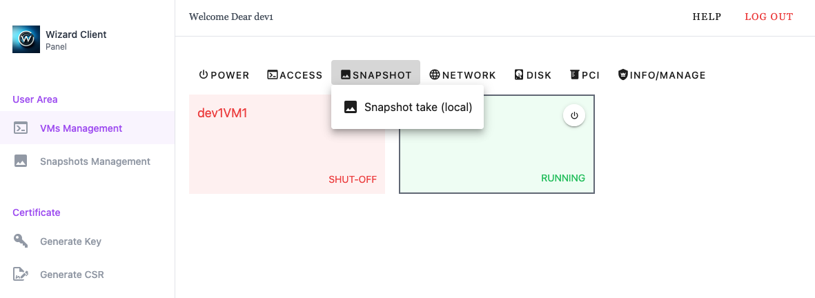 Wizard Client WebUI User Interface VMs Management Snapshot Menu