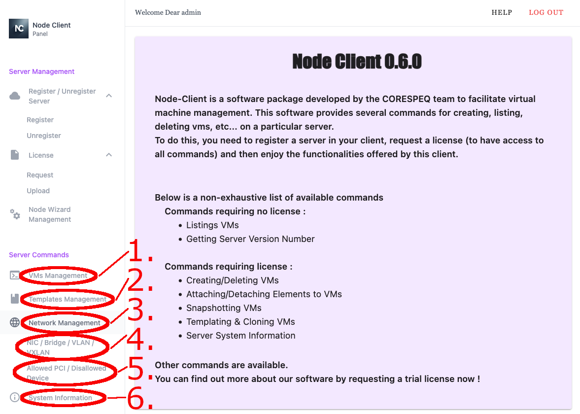 Node Client WebUI landing page Server Commands Annotated
