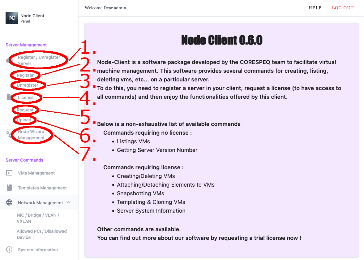 Node Client WebUI landing page Server Management Annotated