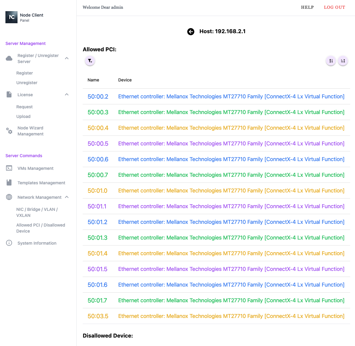 Node Client WebUI Network Management - Allowed PCI / Disallowed Device