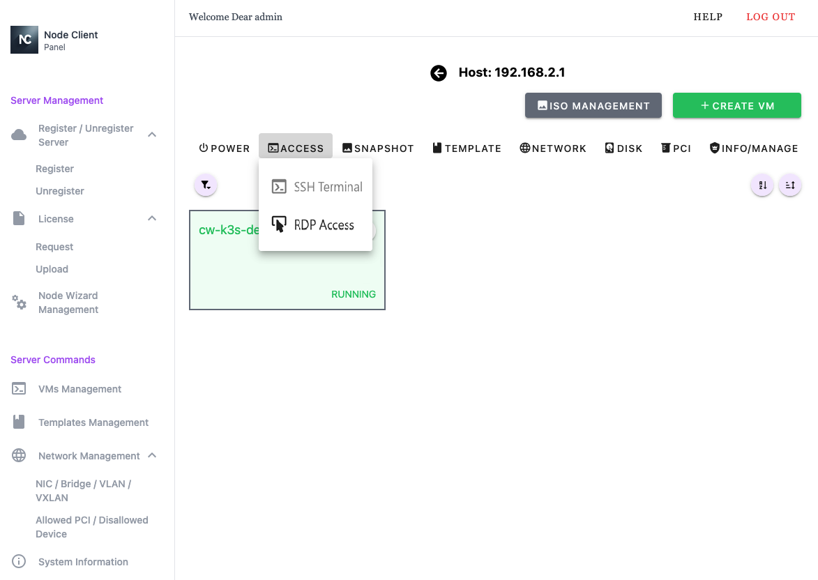 Node Client WebUI VM Management - Access Menu