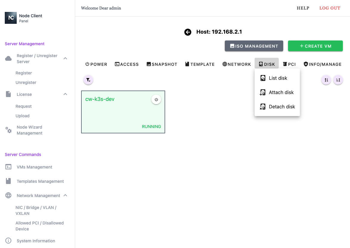 Node Client WebUI VM Management - Disk Menu
