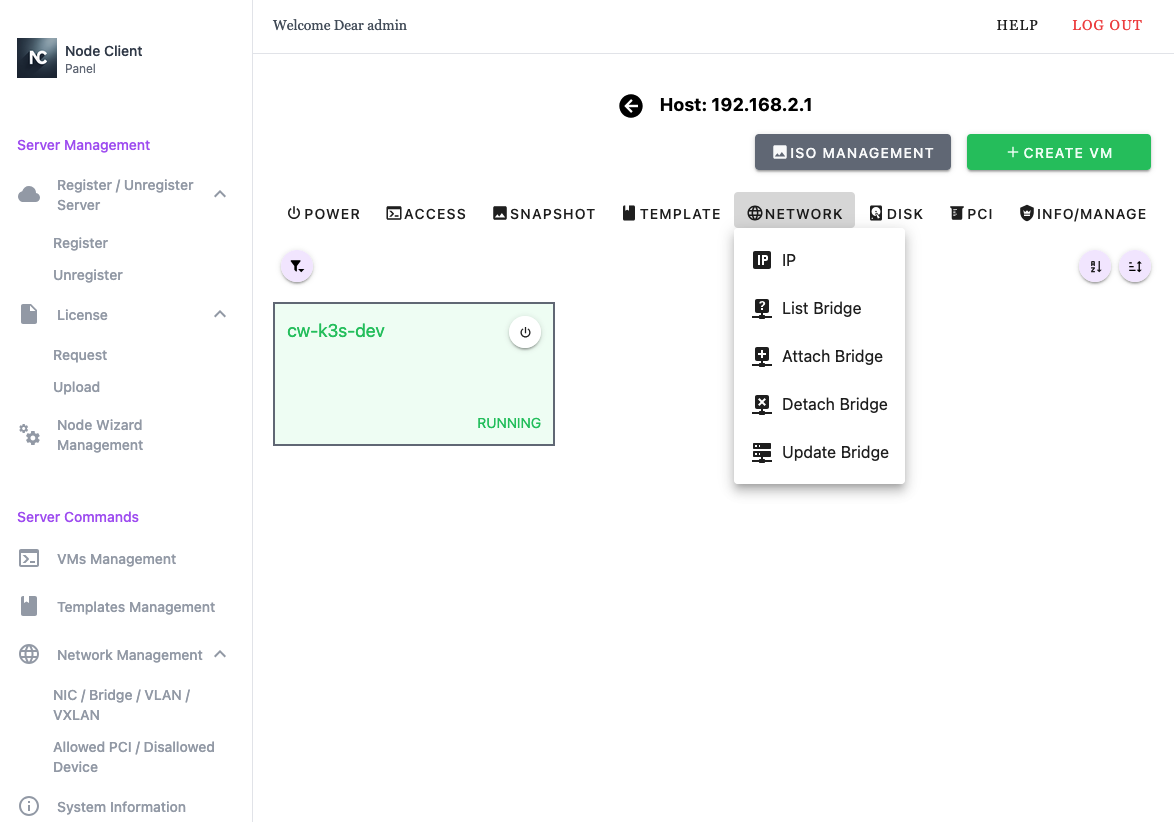 Node Client WebUI VM Management - Network Menu