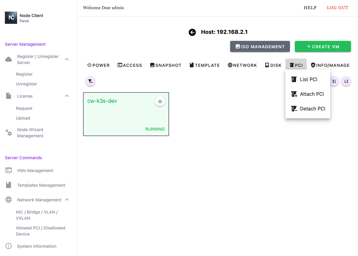 Node Client WebUI VM Management - PCI Menu