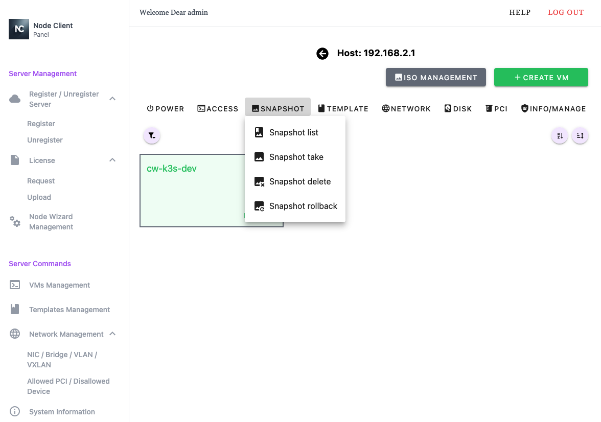 Node Client WebUI VM Management - Snapshot Menu